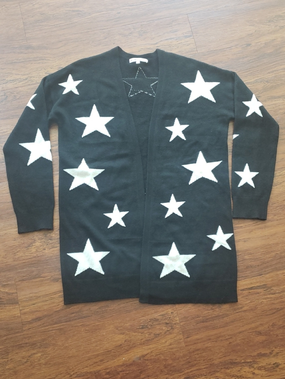 The Cashmere Project Black White Star 100% Cashmere Open Cardigan Sweater Size L